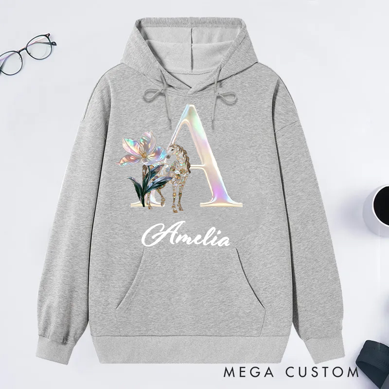 Personalized Horse Riding Birth Flower Initial Hoodie with Name Birthday Gift Sweatshirt for Horse Lovers Riding Lovers Equestrian Lovers