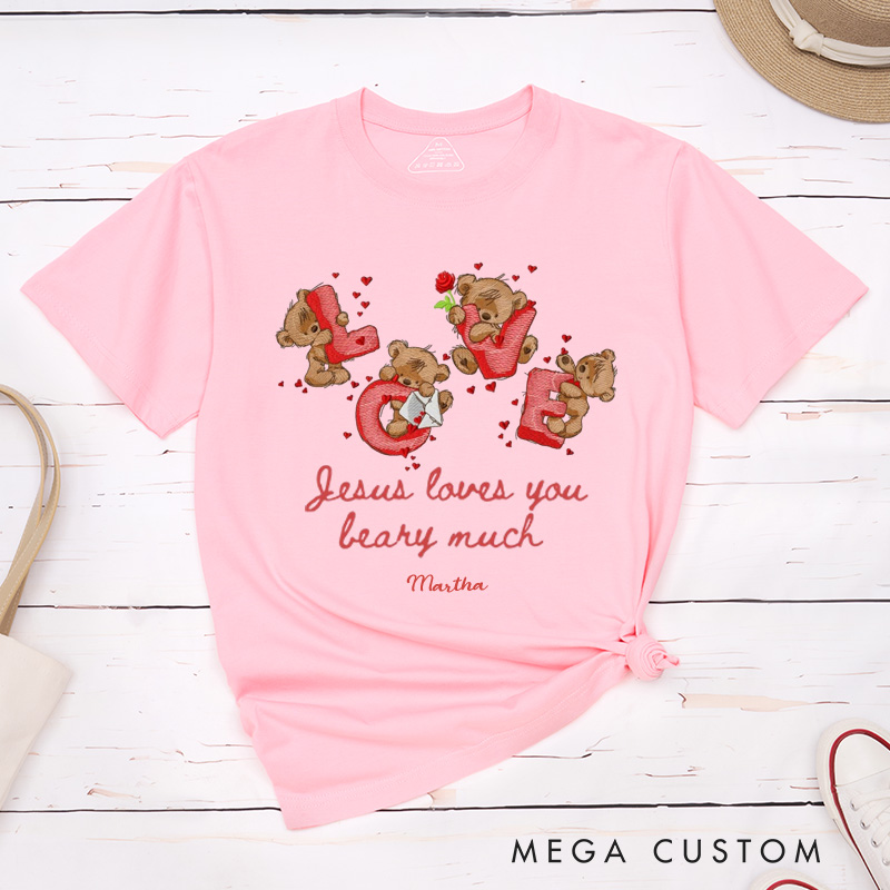 Personalized Jesus Loves you Beary Much Retro Bear Heart Valentine Classic T-Shirt with Name Christian Shirt Religious Gift Valentine's Day Gift for Her
