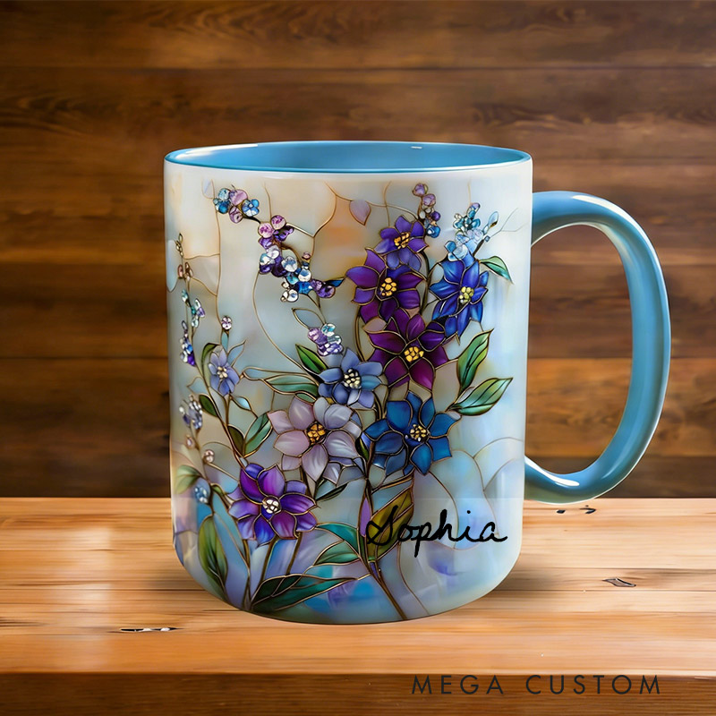 Personalized Stained Glass Blue Larkspur Mug Floral Art Mug Custom Name for Gardening Lovers
