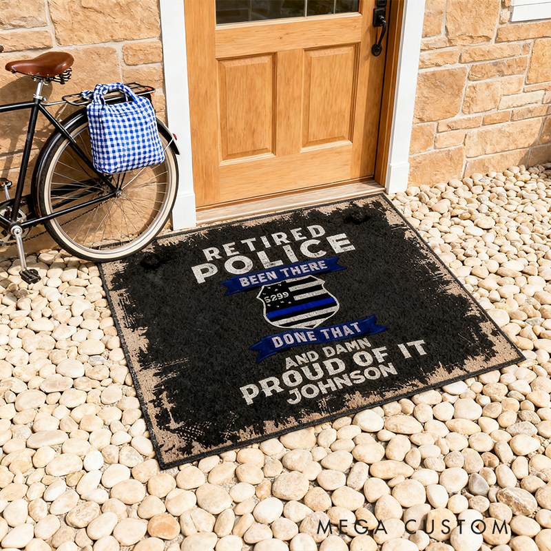 Personalized Retired Police Door Mat Custom Name Front Entrance Rug Gift for Police Officers and Law Enforcement Veterans