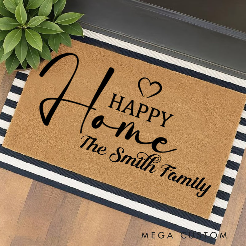 Personalized Happy Home Doormat Custom Welcome Mat Durable Coir Rug for Front Door Housewarming Gift for Family Couples or New Homeowners