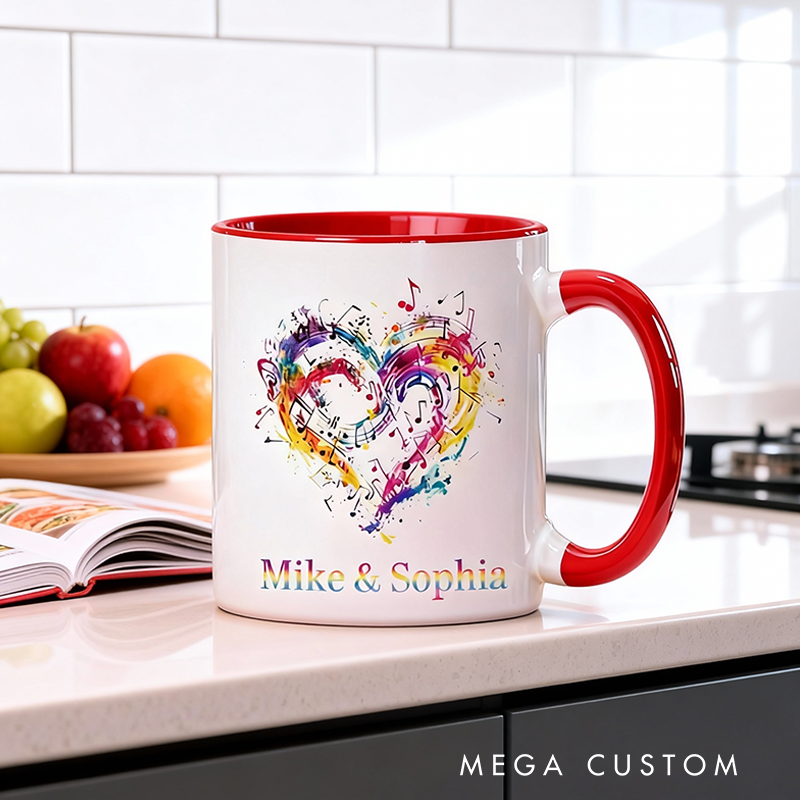 Personalized Name Music Heart Ceramic Mug Gift for Music Lovers and Couple Gift