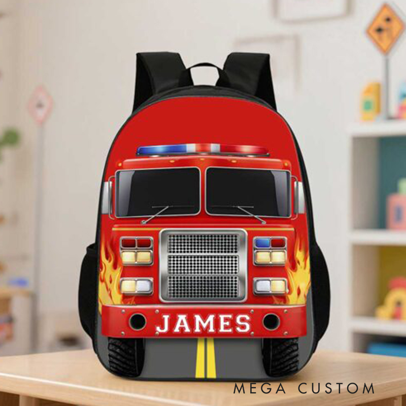 Personalized Fire Truck Backpack Custom Name School Bag Gift for Firefighter Lovers
