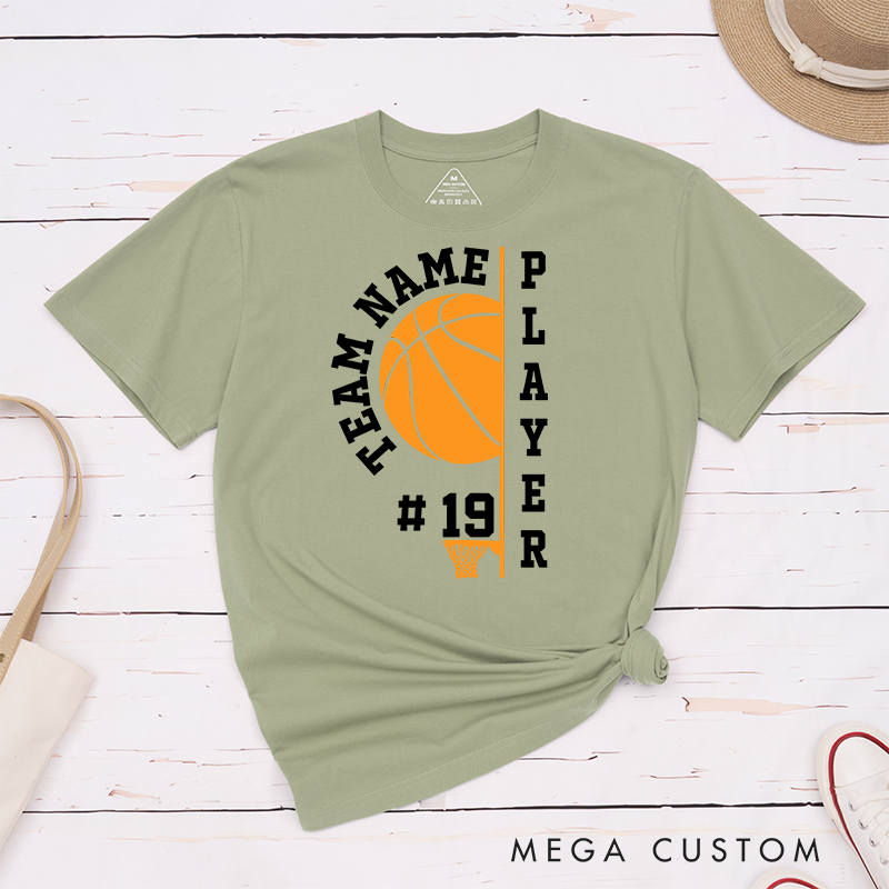 Personalized Basketball T-Shirt with Customizable Team Name, Player Name, Jersey Number, Bold Basketball Graphic, and Modern Vertical Typography Design