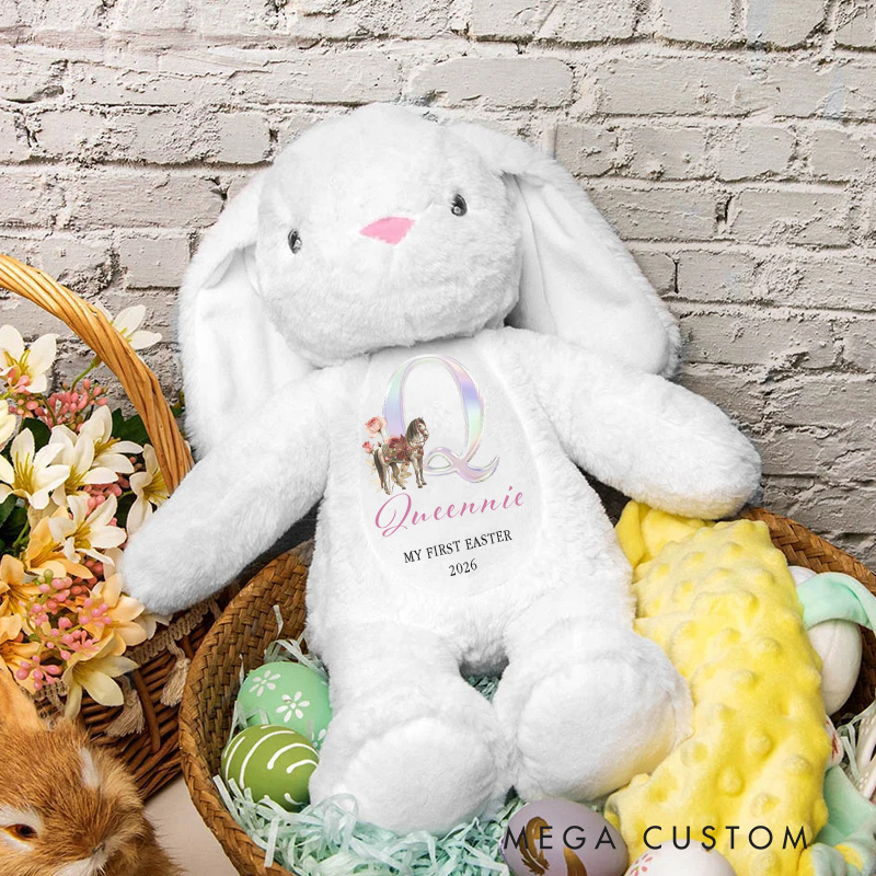 Personalized Cute Horse Flowers Rabbit Initial Soft Bunny Plush Stuffed Animal Toy with Name and Year First Easter Birthday Gift for Kids for Riding Lovers Equestrian Lovers