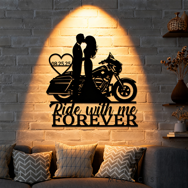 Personalized Motorcycle Couple Metal Wall Art Ride With Me Forever Sign Custom Date Gift for Biker Lovers and Couples