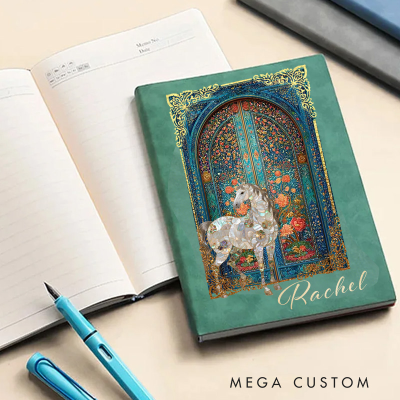Personalized PU Leather Notebook with Riding Floral Blanket Vintage Garden Gate Floral Horse Custom Name Birthday Gift for Horse Lovers Riding Lovers Equestrian Lovers