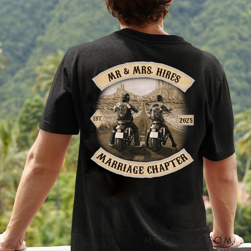 Personalized Mr Mrs Biker Lover T‑Shirt Custom Name and Year Motorcycle Couple Shirt Marriage Chapter Wedding or Anniversary Gift