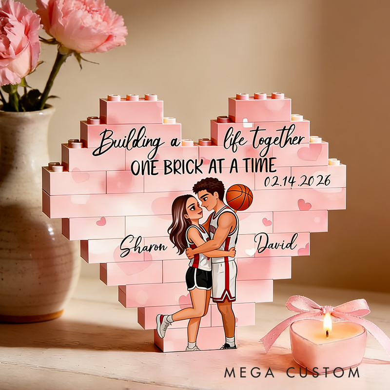 Personalized Basketball Couple Heart Building Block Building a Life Together One Brick at a Time  with Custom Names and Date Valentine's Day Gift