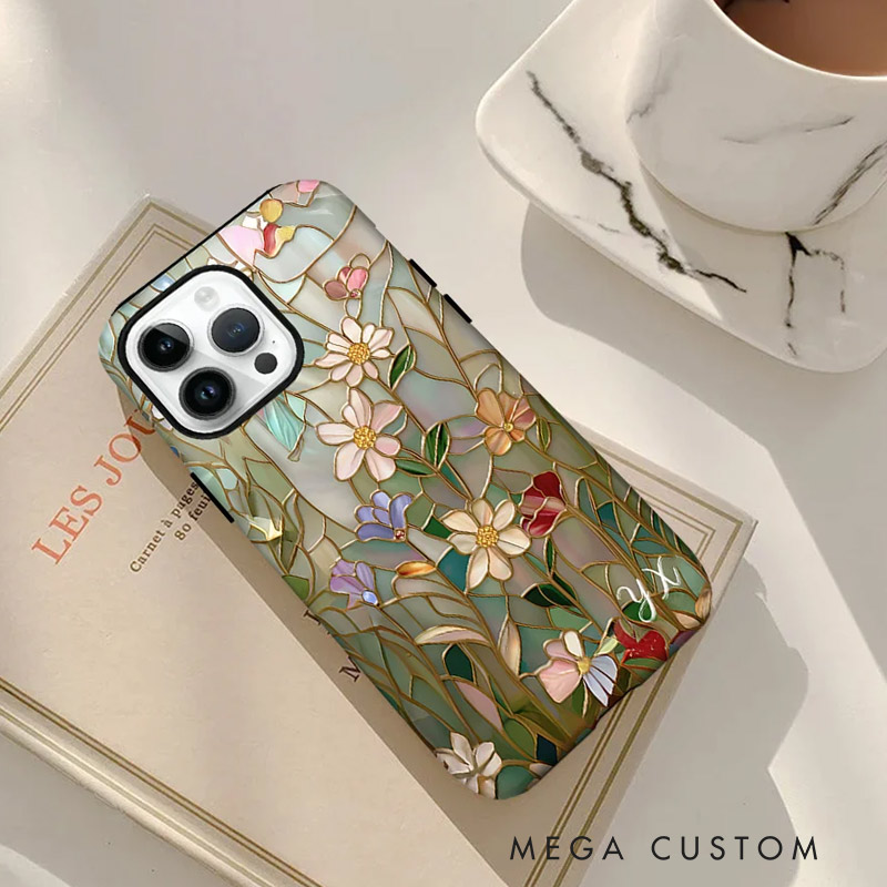 Personalized Floral Stained Glass Phone Case with Initial for iPhone Gift for Gardening Lovers 