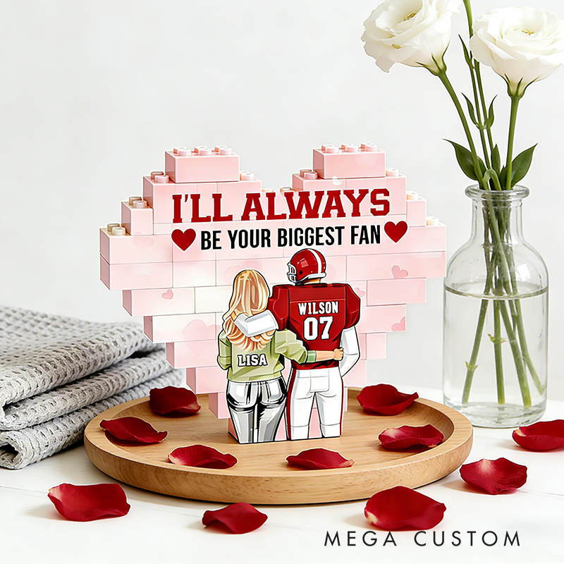 Personalized Football Couples Heart "Biggest Fan" Building Blocks with Custom Names and Number Valentine's Day Gift