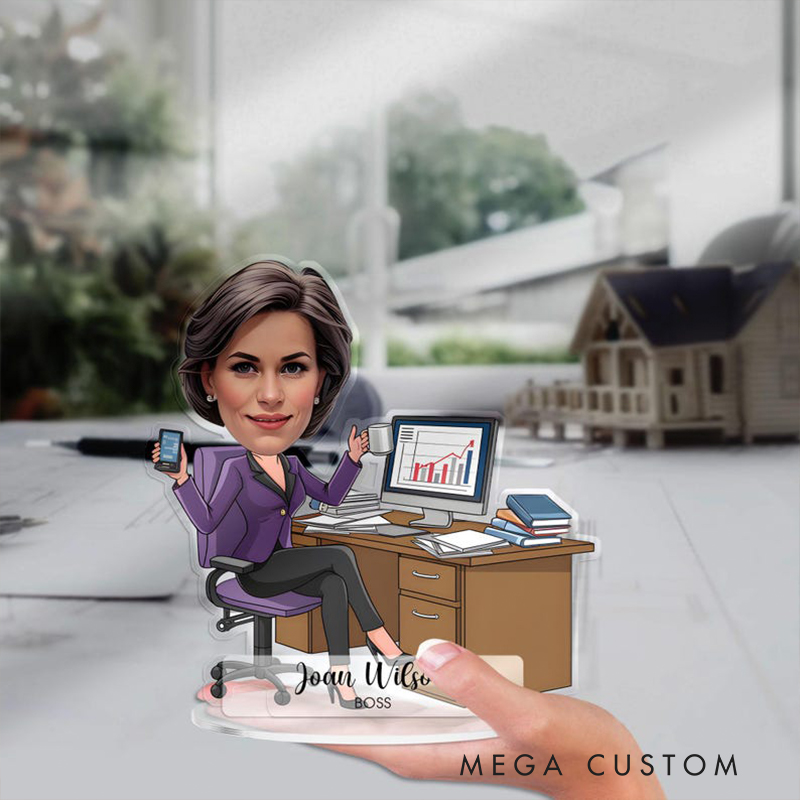 Personalized Lady Boss Acrylic Figurine Custom Cartoon Portrait Desk Nameplate Business Woman Caricature Plaque Gift For Female Manager CEO Or Office Worker