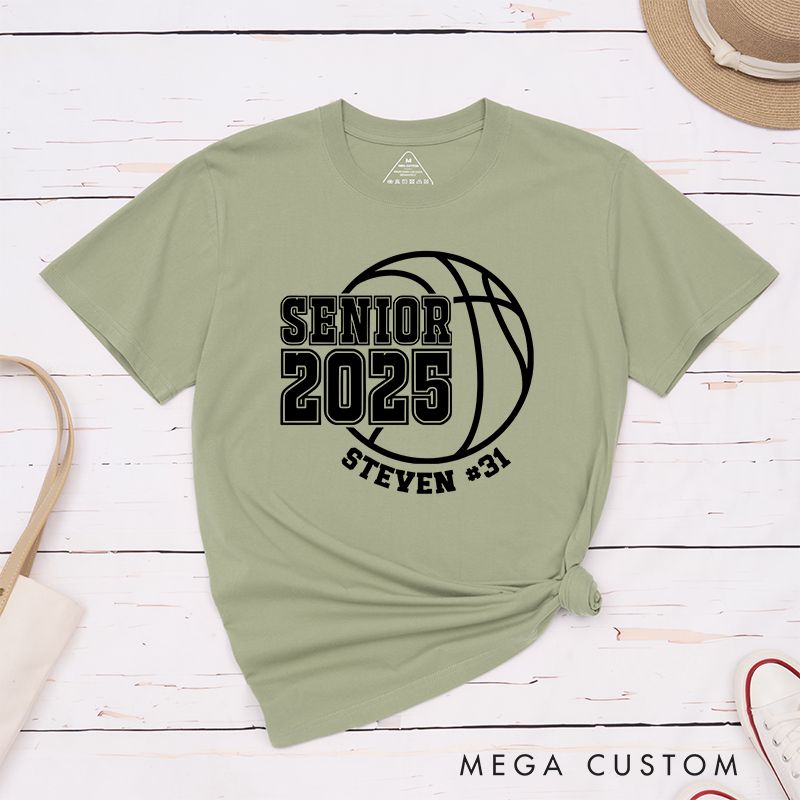 Personalized Senior 2025 Basketball T-Shirt with Custom Name and Jersey Number Featuring a Classic Basketball Graphic for a Trendy School Spirit Look
