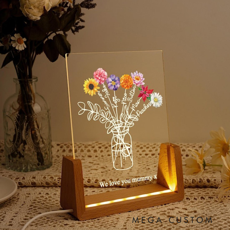 Personalized Family Bouquet Night Light Mothers Day Gift Mum's Bunch with Kids Name Birth Flower Lamp Gift for Mom 