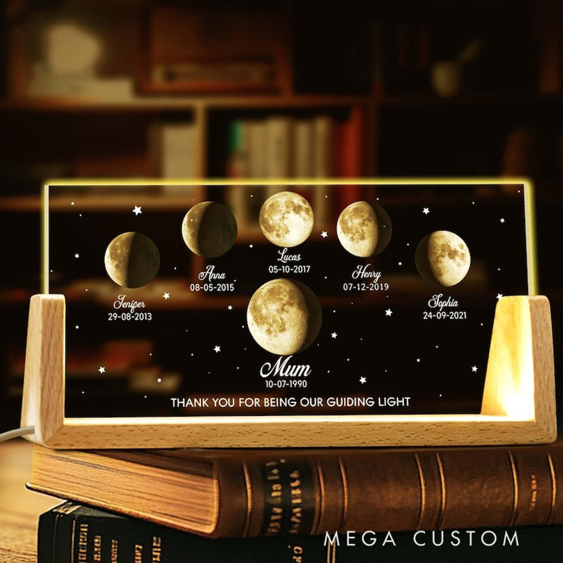Personalized Moons Phase with Kids Names Custom Moons Phase LED Night Light Mother’s Day Gifts Gift for Mama