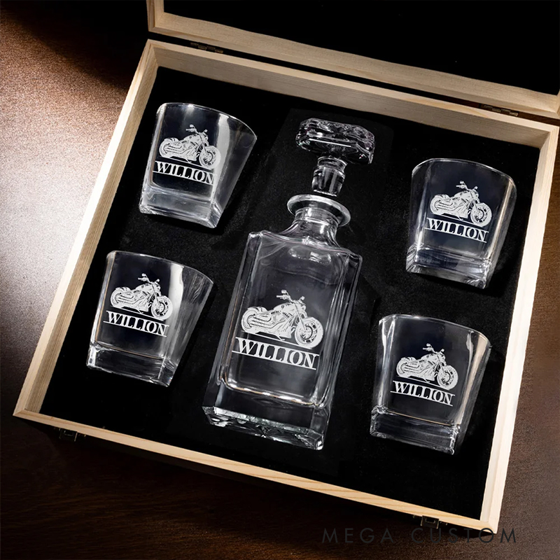 Personalized Motorcycle Gifts Custom Engraved Whiskey Decanter and Glass Set with Name Wooden Box for Biker and Whiskey Lovers
