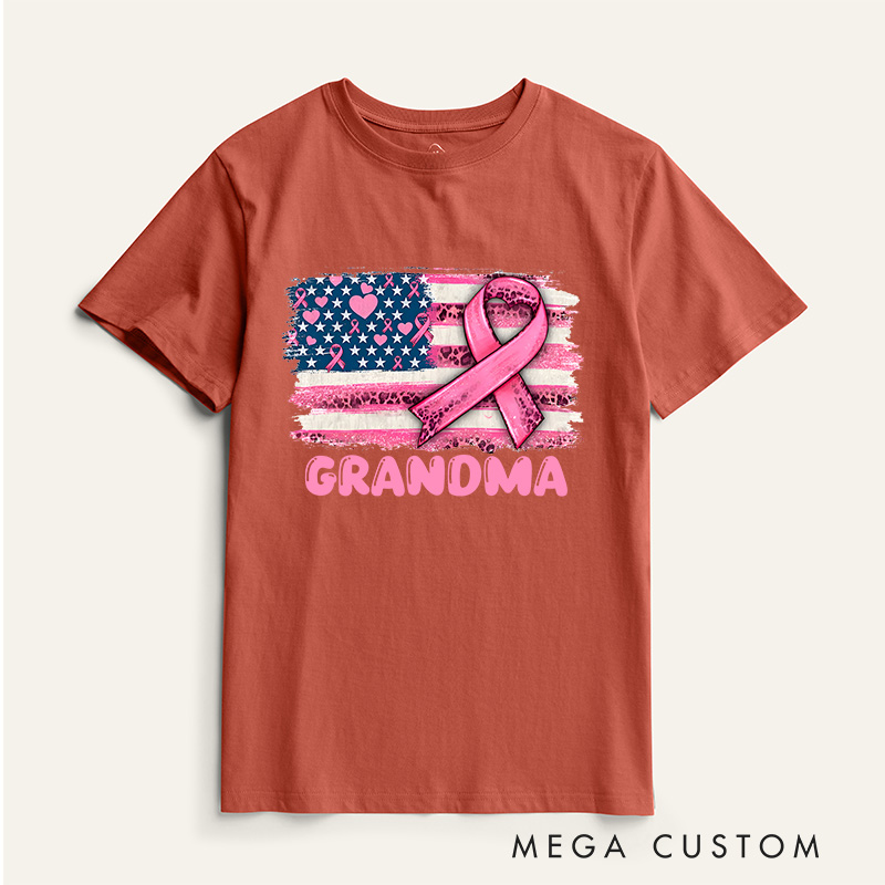 Personalized Pink Ribbon American Flag Breast Cancer T-Shirt Cancer Survivor Gift