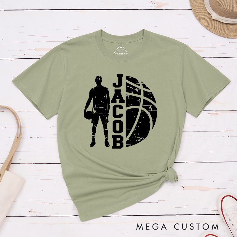 Personalized Basketball T-Shirt Design Featuring Player Silhouette Bold Basketball Graphic and Custom Name for Sports Fans