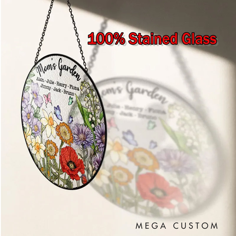 Personalized Birth Flowers Grandma's Garden Stained Glass Suncatcher with Name for Gardening Lovers
