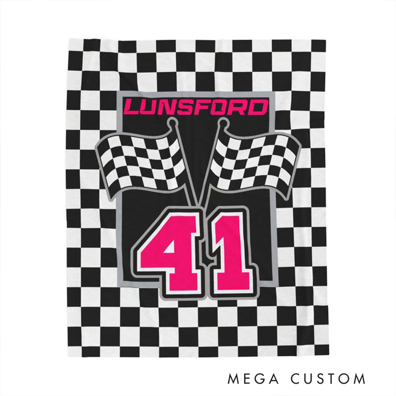 Personalized Racing Gifts Custom Name and Number Blanket with Checkerboard Flag Design Black and White Throw for Racing and Car Lovers