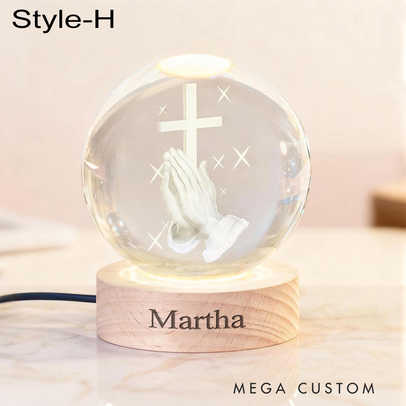 Personalized Cross 3D Engraved Crystal Ball Night Light With Custom Text in Wooden Base Home Decor Jesus Night Lamp Religious Gift Christmas Gift