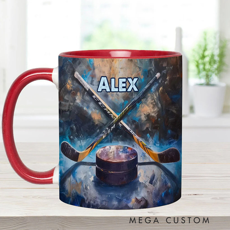 Personalized Ice Hockey Mug with Artistic Stick and Puck Design for Ice Hockey Enthusiasts