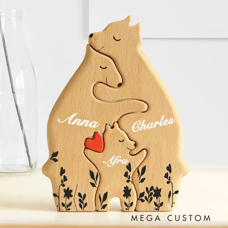 Personalized Wooden Bear Family Puzzle with 2-8 Names & Red Heart, Family Home Decor Family Keepsake Gift Birthday Christmas Gift for Parents Grandma