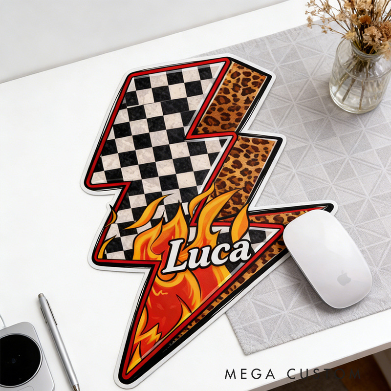 Personalized Racing Gifts Custom Name Lightning Shaped Mouse Pad with Checkerboard and Flame Design for Car Lovers