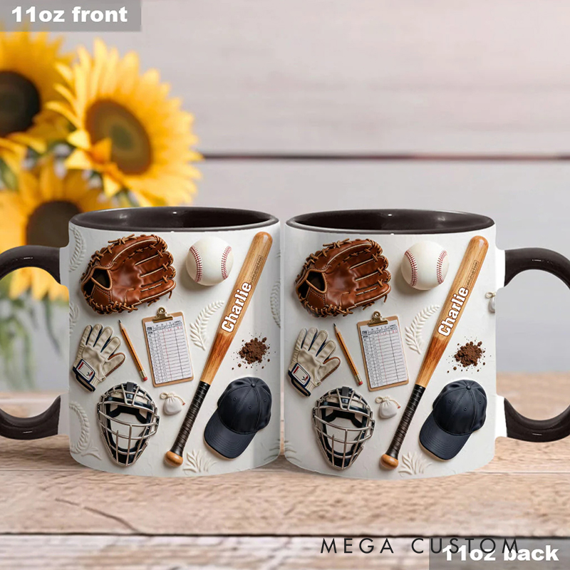 Personalized Baseball Mug with Custom Name and Sports Gear Artwork for Coaches and Baseball Fans
