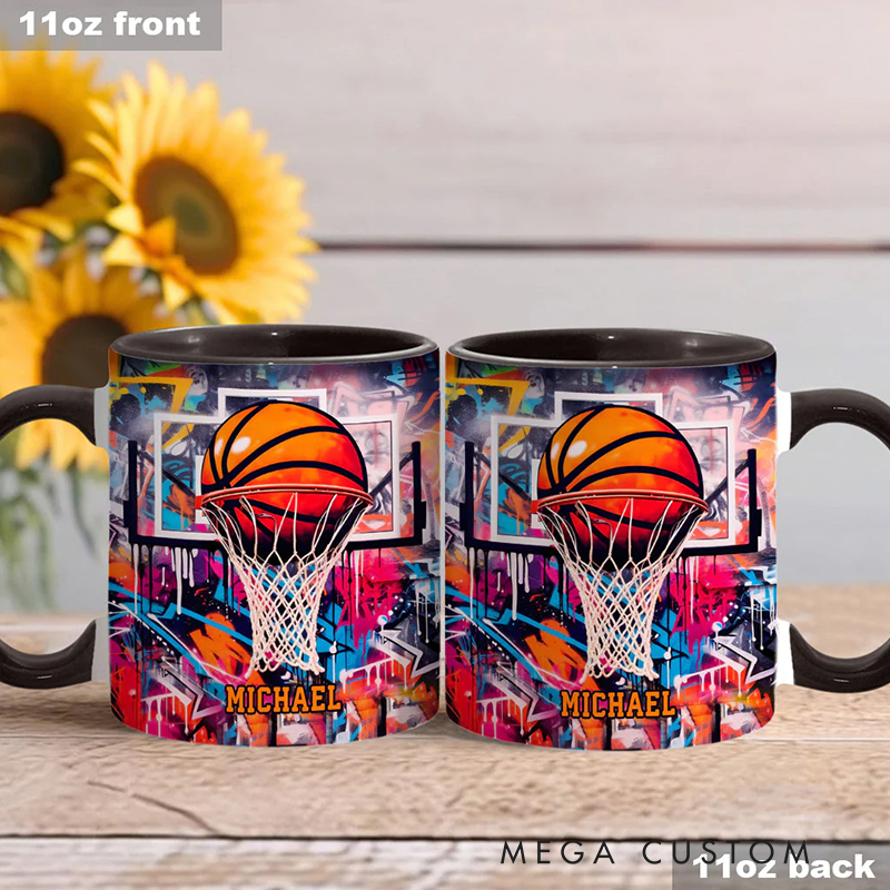 Personalized Basketball Mug with Custom Name and Graffiti Artwork for Basketball Enthusiast