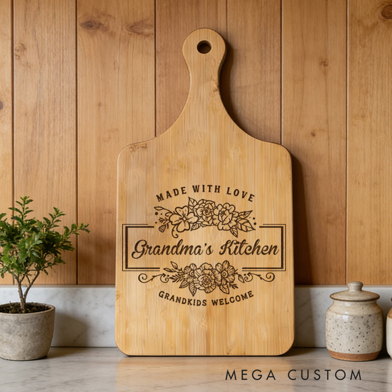 Personalized Engraved Kitchen Cutting Board Custom Bamboo Paddle Board Made with Love Design Grandkids Welcome for Grandma Gifts Home Decor