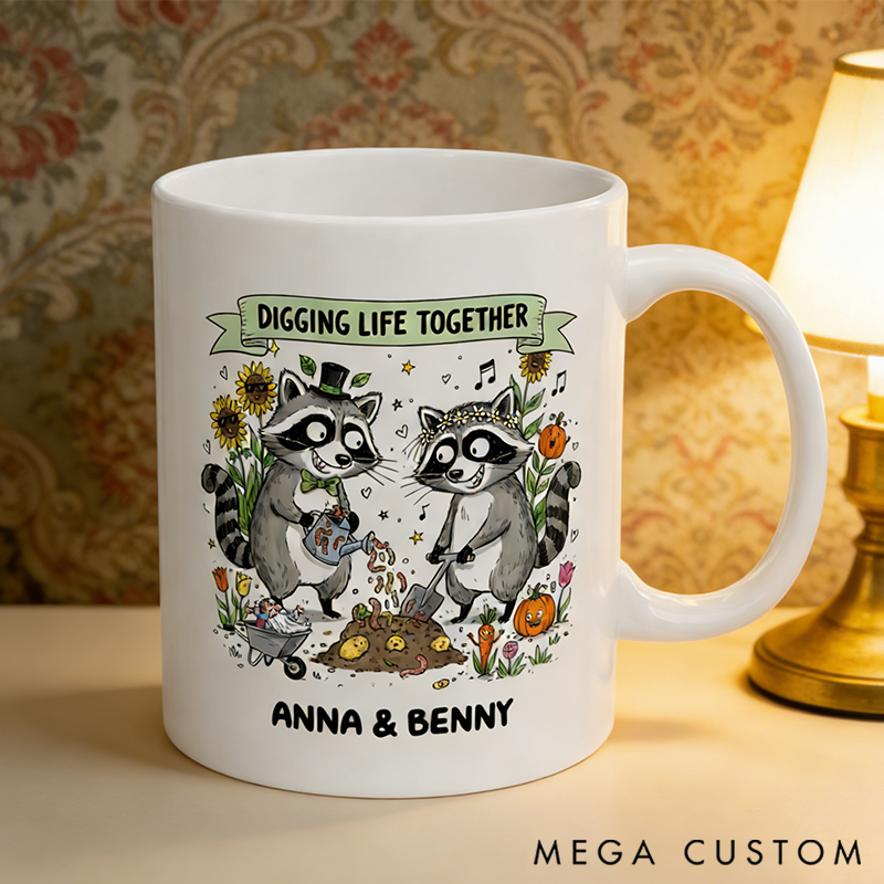 Personalized Raccoon Couple Gardening Mug with Names Cute Animal Love Illustration Custom Romantic Mug Valentine’s Day Gift