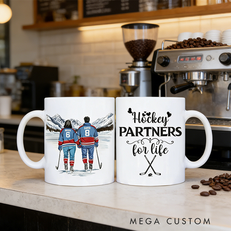 Personalized Couple’s Hockey Mug with Custom Names and Numbers for Hockey-Loving Couples