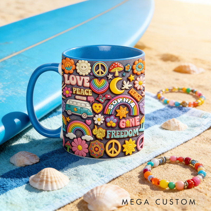 Personalized 2D Flat Hippie Living In Peace Mug Custom Name Colorful Hippie Car Hippie Coffee Mug Bohemian Coffee Mug