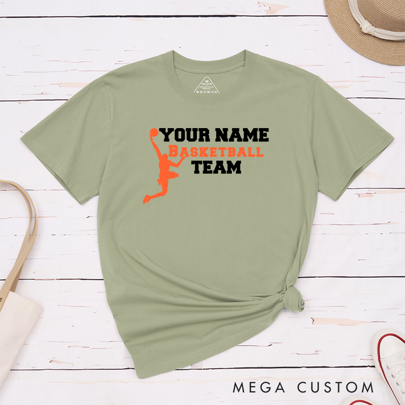 Personalized Basketball Team T-Shirt Design Featuring Custom Name Bold Text and Dynamic Player Silhouette Graphic