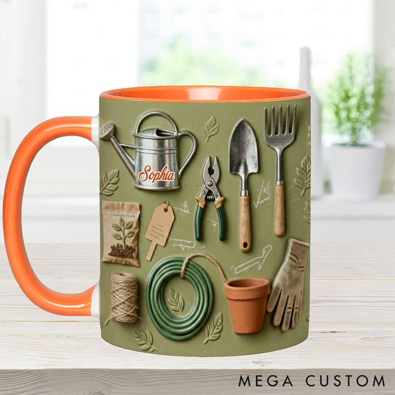 Personalized Gardening Accent Mug Adorned with 3D Tool Embellishments Custom Name Engraved Mug for Avid Garden Lovers