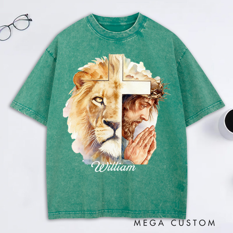Personalized Man of God Lion of Judah Washed T-Shirt with Custom Name Jesus Tee Religious Gift Christian Gift for Men