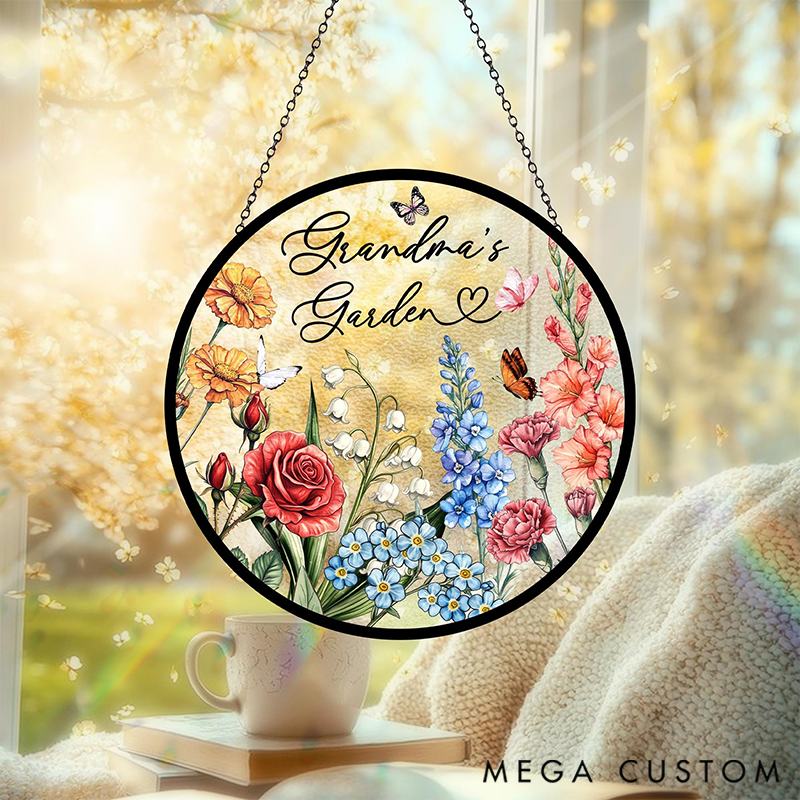 Personalized Family Birth Flowers Glass Suncatcher Home Decor with Name for Gardening Lovers Mother's Day Gift