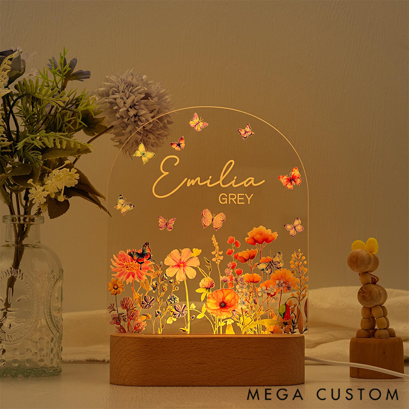 Personalized Custom Floral Butterfly Name Night Light with Name LED Light Gardening Lover Gift Garden Gift