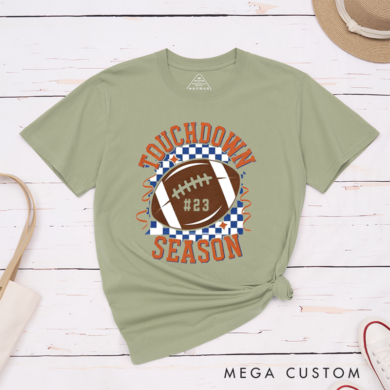 Personalized American Football and Rugby Touchdown Season T-Shirts Featuring Custom Number