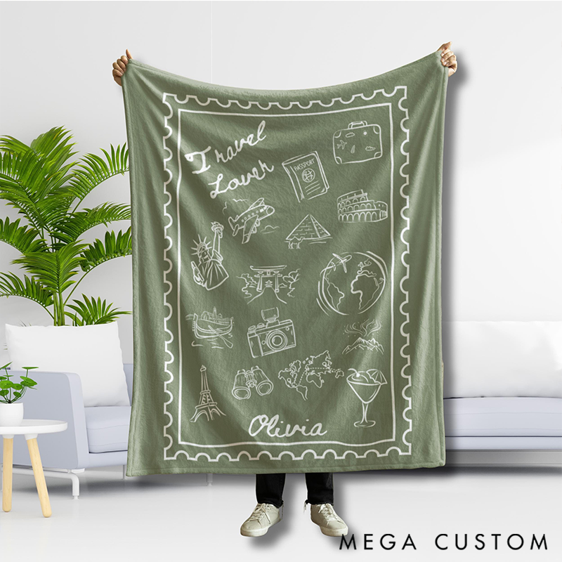 Personalized World Map Throw With Travel Stamps Blanket with Name Quick Dry Oversized Microfiber Travel Essentials Birthday Gift for Her