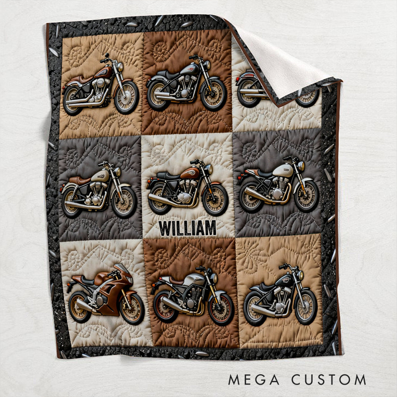 Personalized Biker Gifts Custom Name Motorcycle Blanket Quilted Throw for Men Motorbike Lover Bedding Decor