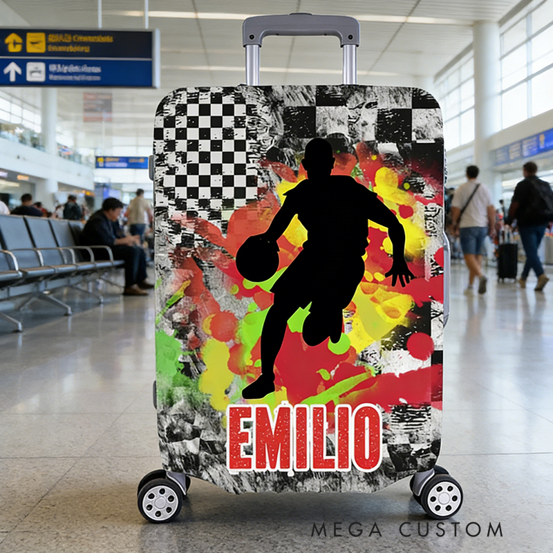 Personalized Basketball Luggage Cover with Bold Player Silhouette and Name for Basketball Enthusiasts