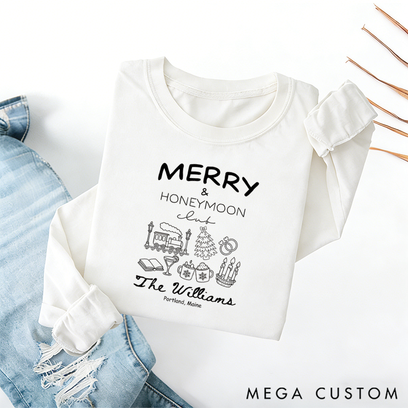 Personalized Merry and Honeymoon Club Classic T-shirts Travel Honeymoon Valentine's Day Crewneck Gift