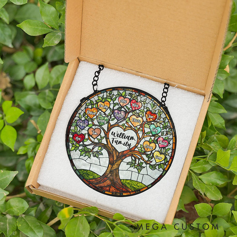 Personalized Family Tree Faux Stained Glass Suncatcher Custom Window Decor Gift for Family