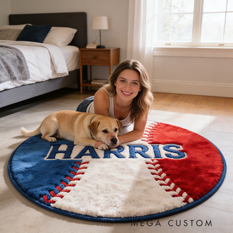Personalized Baseball Rug with Custom Name and Bold Stitch Design for Baseball Enthusiasts 