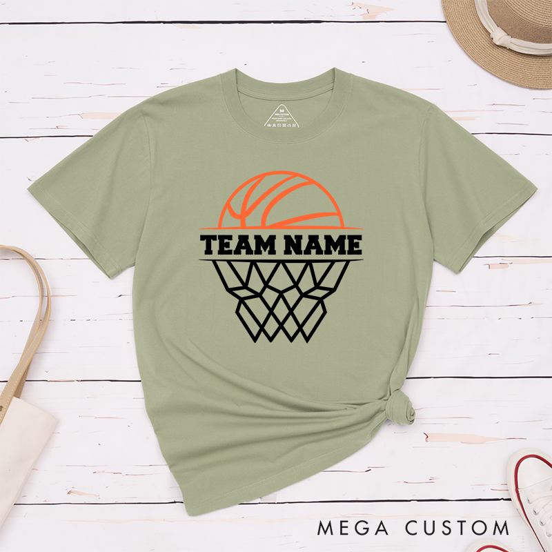 Personalized Basketball Team T-Shirt Design Featuring Custom Team Name Bold Text Dynamic Orange Basketball Graphic and Stylized Hoop Illustration