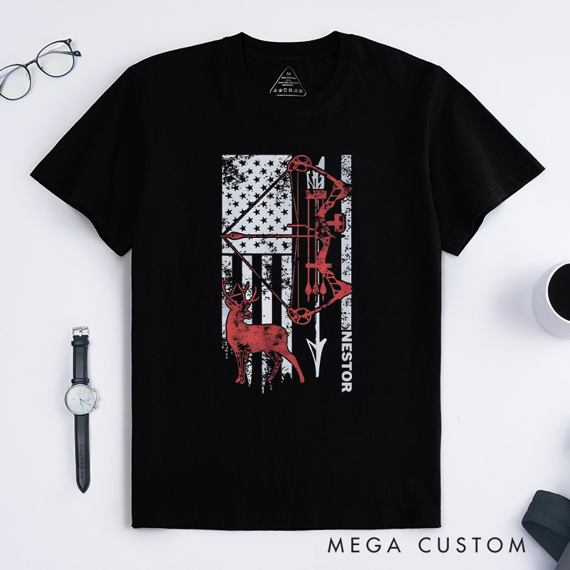 Personalized Patriotic Archery Hunting T-Shirt Bow Hunting Deer Hunters T-Shirt Gift for Outdoor Hunting Lover