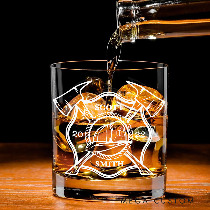 Personalized Firefighter Gifts Custom Name and Year Whiskey Glass Fire Department Maltese Cross Rock Glass for Firemen