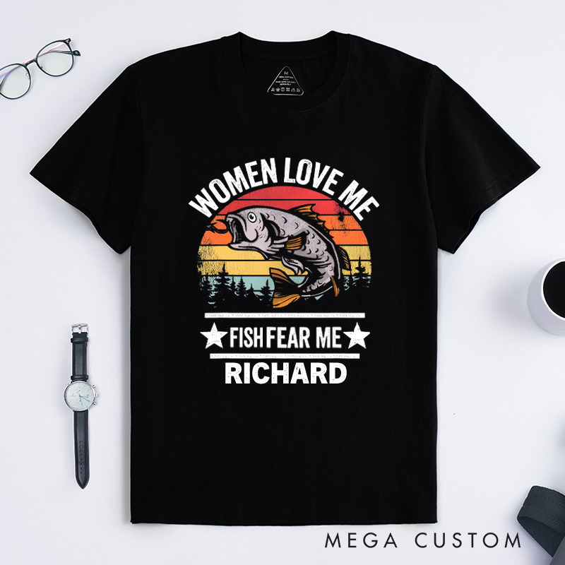 Personalized Fishing Humor T-Shirt Women Love Me Fish Fear Me Vintage Funny Fishing T-Shirt Gift for Outdoor Fishing